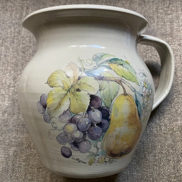 CASEY Vintage PITCHER Handmade POTTERY 6" Made in USA PEAR & GRAPES ~ RARE! - Picture 1 of 7